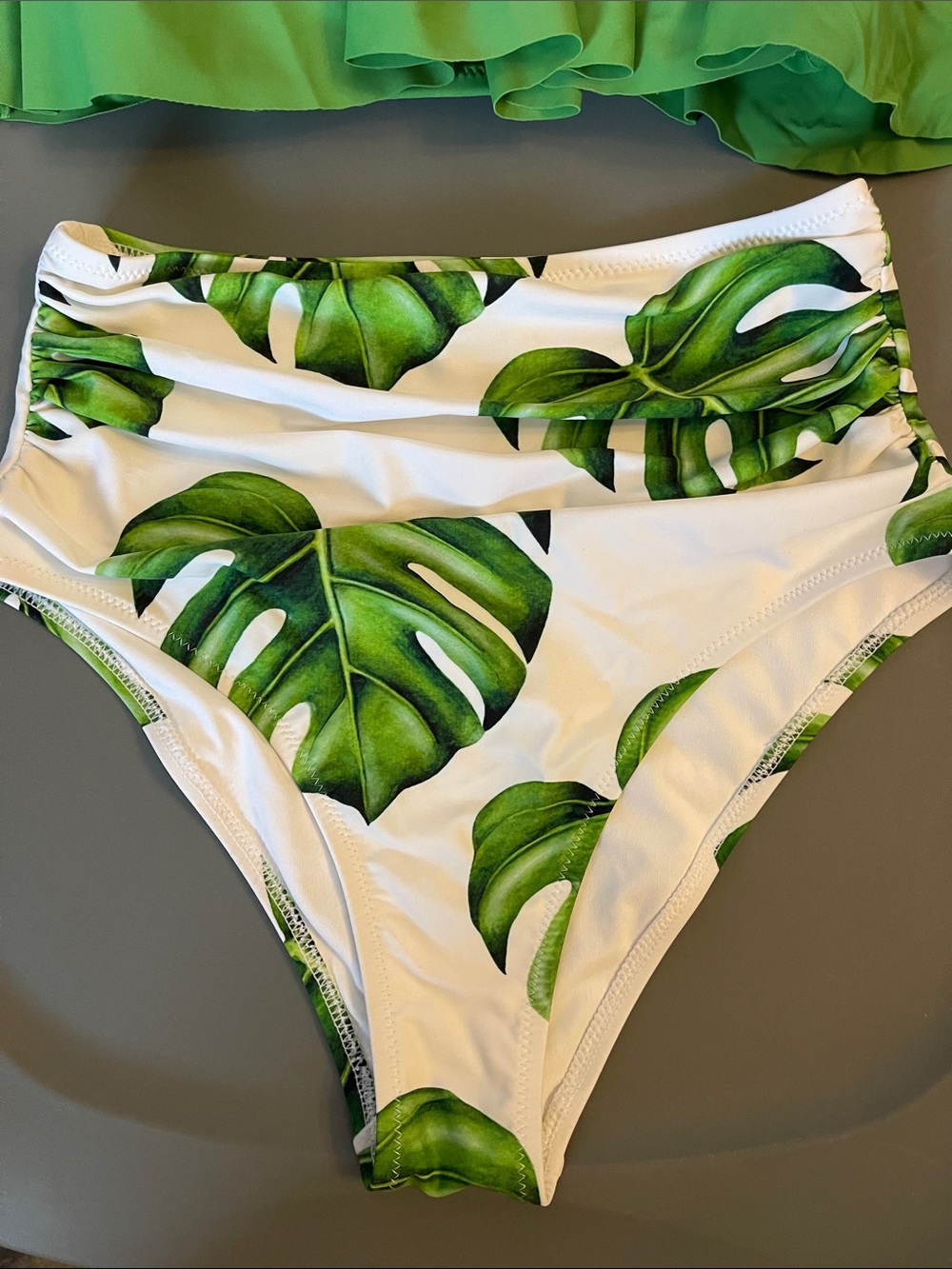 Cupshe Green Ruffle Bikini Top with White High-Waist Tropical Leaf Bottom - Picture 2 of 8